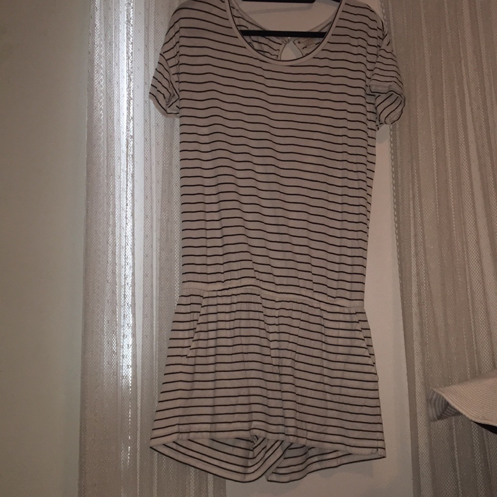 striped casual romper with pockets